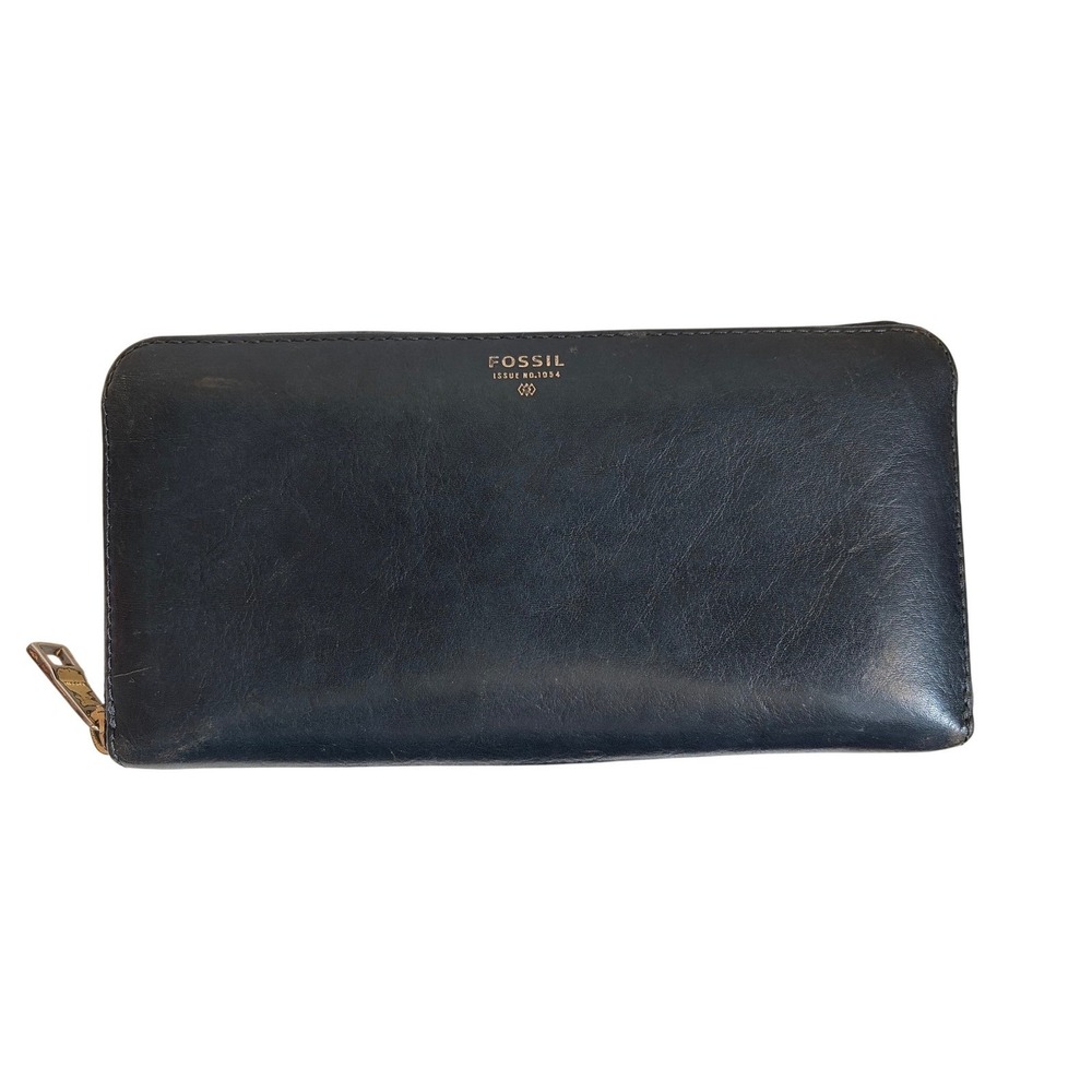 Fossil‎ Logan Zip Around Clutch Wallet Black Leather Gold Hardware SL7831